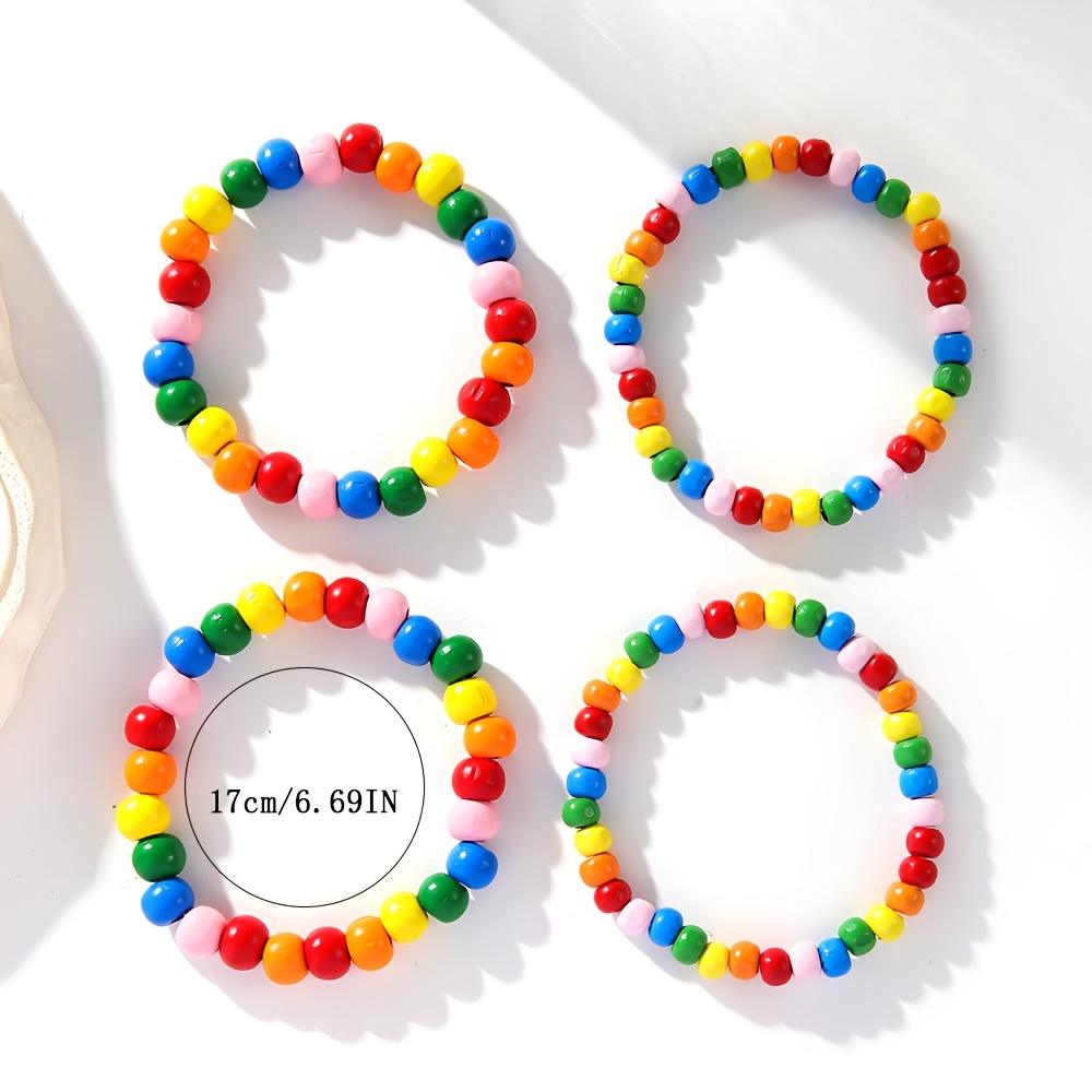 4pcs Rainbow Wooden Bead Bracelet Set Boho Style Layer Stretch Bangle